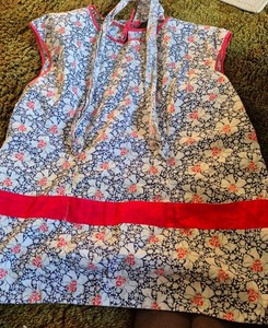 vintage Older farmhouse full apron women's  colorful. Red trim.  navy red floral