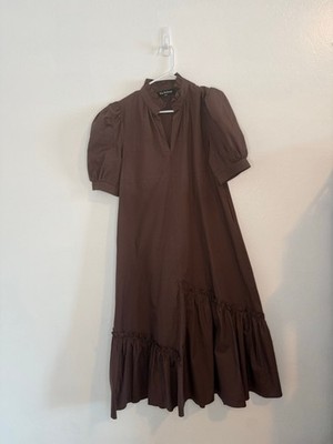 En Saison Brown Ruffle Hem Midi Dress S, asymmetrical ruffle, timeless, capsule