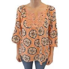 Crown & Ivy L pink floral lace accent mixed media cottagecore blouse ball trim 