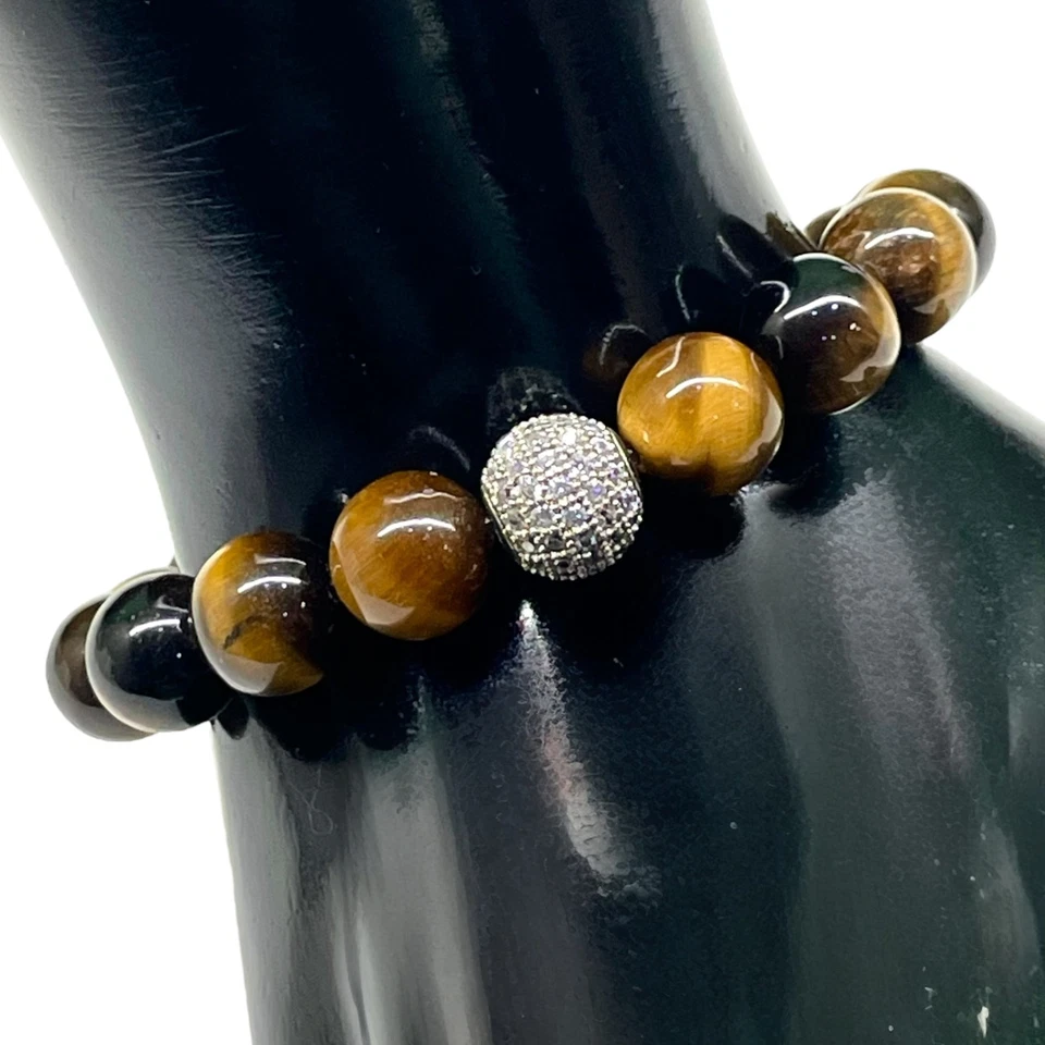 Handgemachte Stretcharmband 10Mm Natürliche Tigerauge Perlen & Cz Disco Ball - Bild 2 von 4