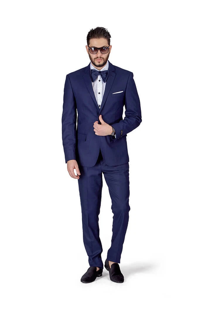 Slim Fit Men Suit 2 Button Navy Blue Notch Lapel Flat Front Pants