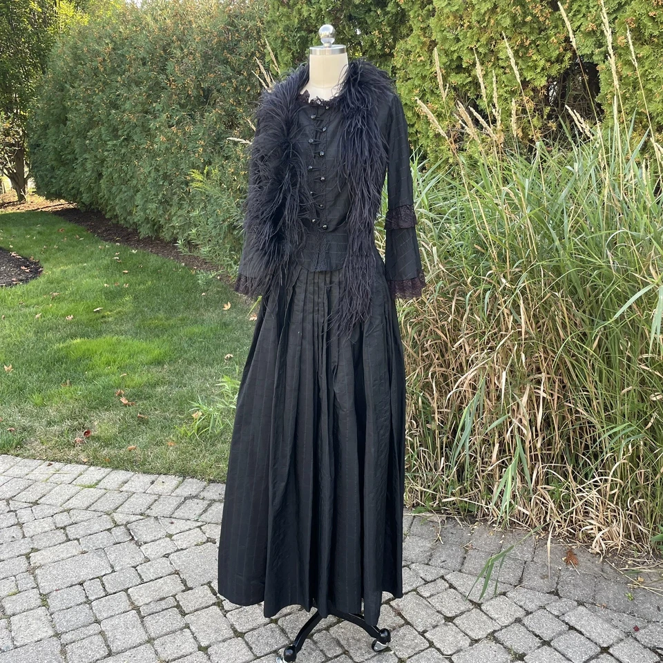 Antique Silk Mourning Dress Black Gown Lace Victorian Bustle Ostrich Feather VTG - Image 2 of 4