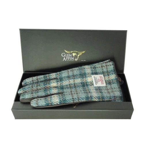 Ladies Harris Tweed Leather Gloves Boxed in Cream Check LB3011 COL121 Medium