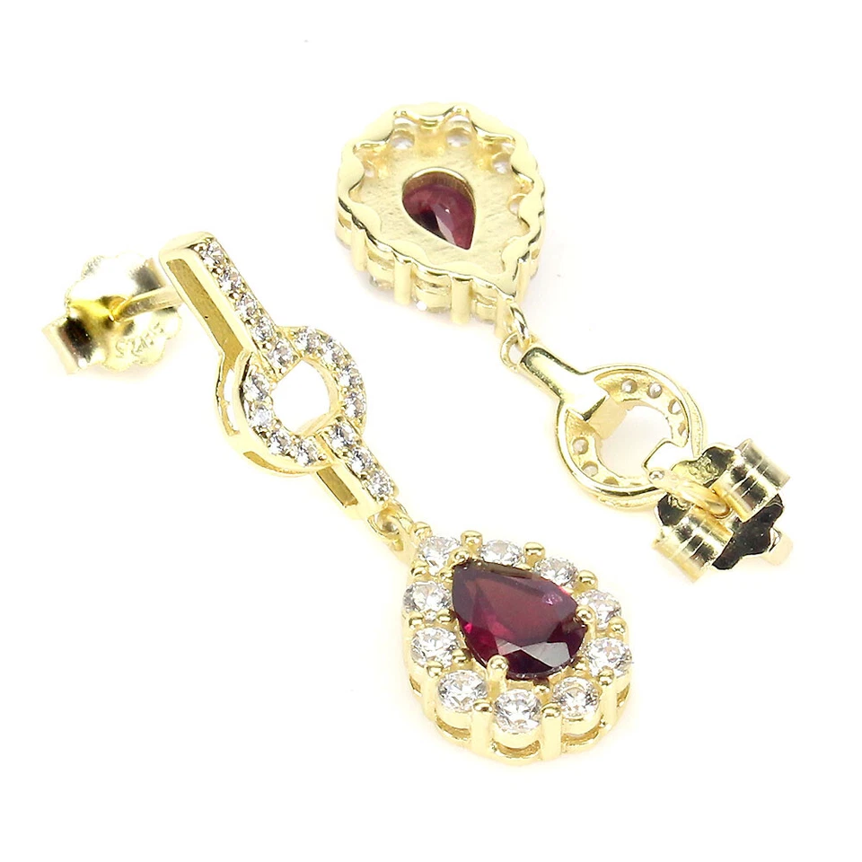 925 Sterling Silver Pear Rhodolite Garnet 7x5mm Simulated Cz Earrings - Image 3 of 4