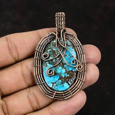 Tibetan Turquoise Wire Wrapped Pendant Handcrafted Copper Unique Jewelry 2.64"