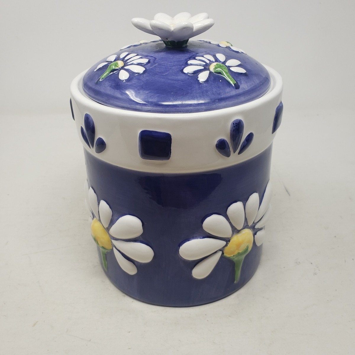 Vintage Oneida Blue White Daisy Flowers Cookie Jar Ceramic Hand