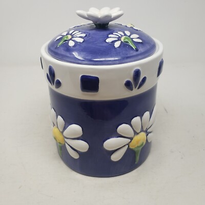 Vintage Oneida Blue White Daisy Flowers Cookie Jar Ceramic Hand