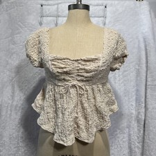 Urban Outfitters Babydoll Top Crinkle Open Back Lace Up Cropped Cream Size S