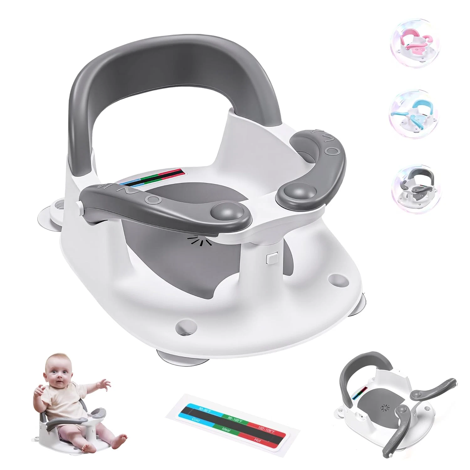 Baby Bath Seat 6M+, 360° Bath Chair with Safety Suction & Temp Card (Gray)