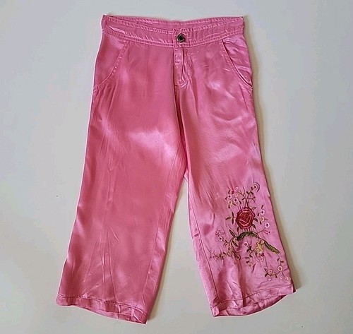 Lipstik Flower Embroidered Satin Pants Girls 7 Pink Straight Leg Boho Cottage