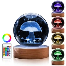 Large Crystal Ball Lamp, 3D Mushroom Night Light 16 Colors 4 Modes with Remot...