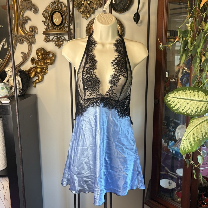 Shirley of Hollywood Women’s Blue/Black Lace Halter Backless Chemise Nightgown S