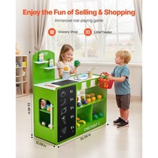 Kids Grocery Store Playset, Wooden Play Market Stand with Shopping Bag, Kids Sup