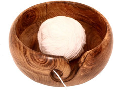 Artisan Mango Wood Yarn Bowl - Tangle-Free Knitting  Crochet Gift with Leath...