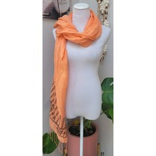 Prana Light Orange Peach Scarf Lightweight Travel Black Embroidery Detail Fringe