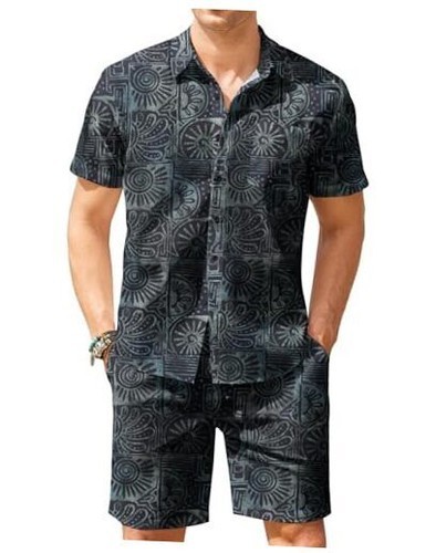 COOFANDY Men's Hawaiian Shirt and Shorts Set 2 Piece Outfit Gray/Black NWT - XL