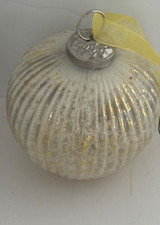 Large Distressed Ribbed Christmas Ball Ornament Gold White 4"