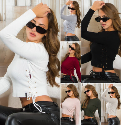 Koucla Damen Pullover Crop Pulli Strickpullover Sweater Schnürung Milax-Fashion