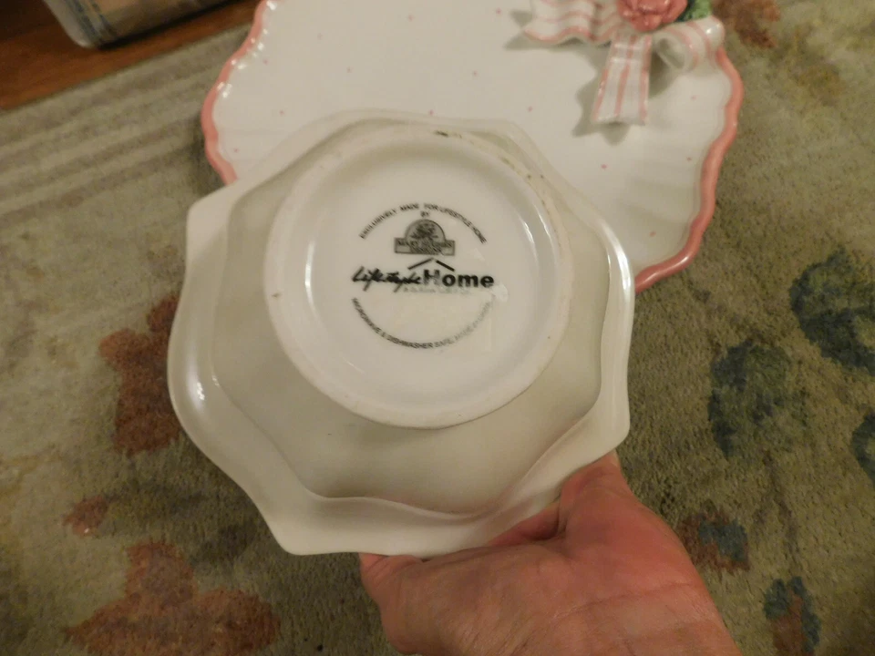 Lot Bella Casa Ganz Ceramic White Pink Rose Bow Flower Plate & Mary Hughes Bowl - Image 4 of 4