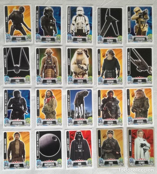 Lote con los 20 cromos de la parte Rogue One del album Topps Force Attax Traddin