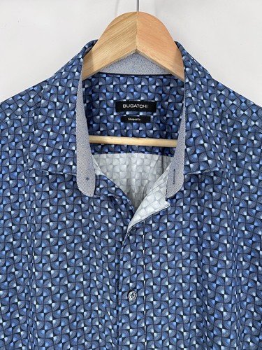 Bugatchi Shirt Mens XL Blue Geometric Shaped Fit Performance Stretch Casual