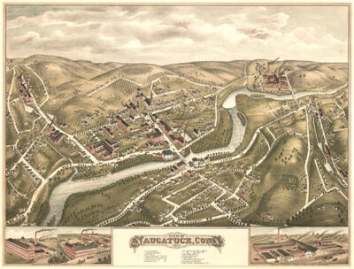 Naugatuck, Connecticut - 1877 - Aerial Birds Eye View Map Poster