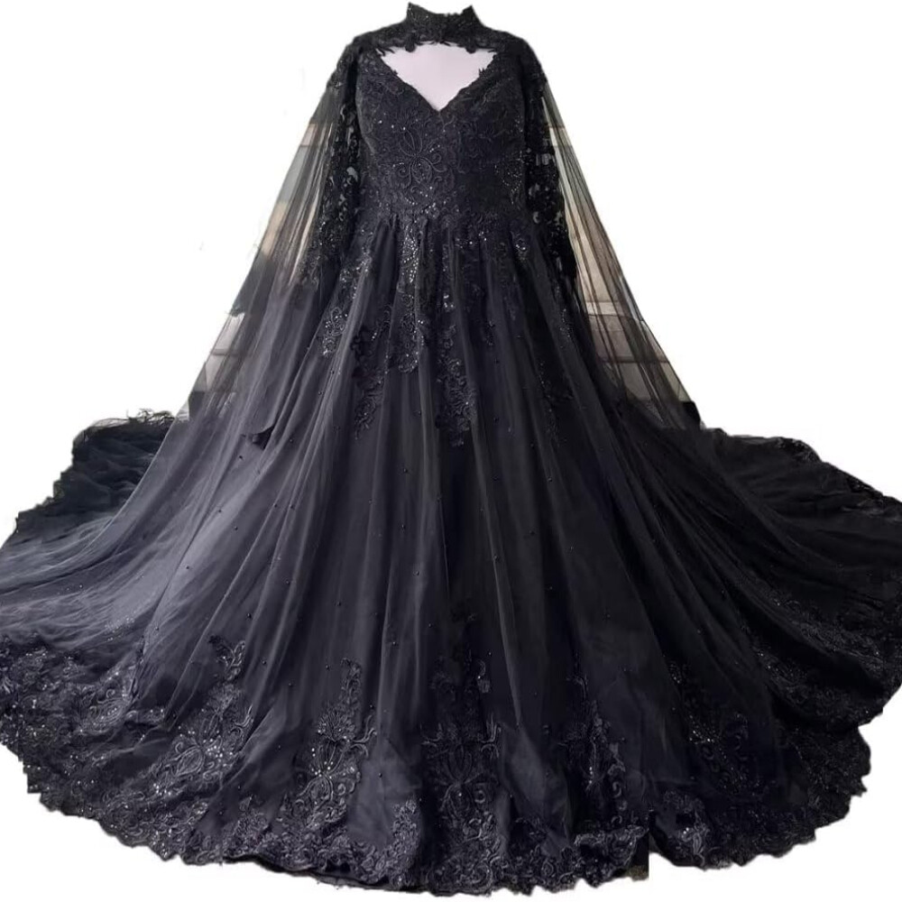 Gorgeous Black Lace Wedding Dresses Long Sleeve with Tulle Train Bridal  Gowns | eBay