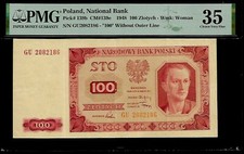 Poland 100 Zlotych 1948 PMG 35  100  Without Outer Line Series GU