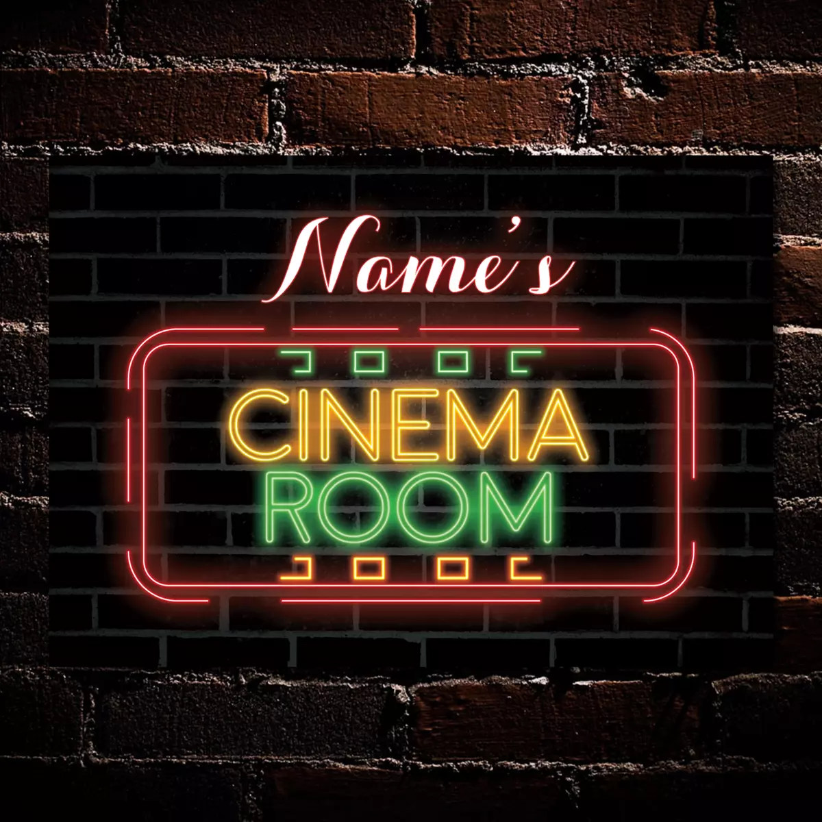 Personalised Cinema Room with Brick Wall Neon Effect Sign Decor Metal Plaque