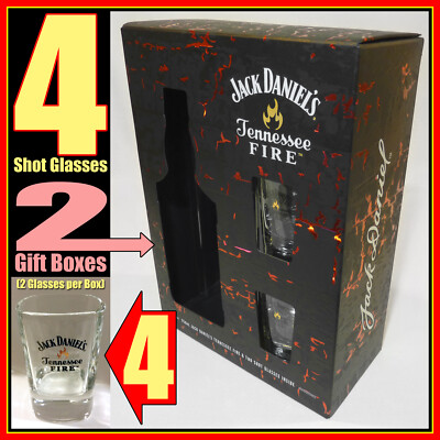 4 NEW Jack Daniel's Tennessee Fire Square Bottom Shot Glasses, still in GIFT BOX