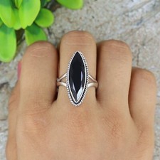 Natural Black Onyx Sterling Silver Boho Statement Silver Marquise Stone Ring