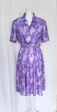 California Looks Vintage Short Sleeve Purple Floral Belted Dress Petite 8P
