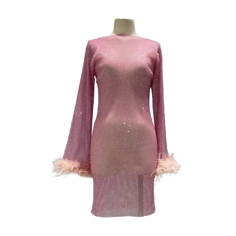 Lady Sheer Glitter Rhinestone Crystal Dress Feather Cuff Net Party