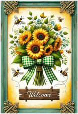 Sunflower Garden Flag 12X18 Inch Double Sided Yard Banner with Green Bow and Bee