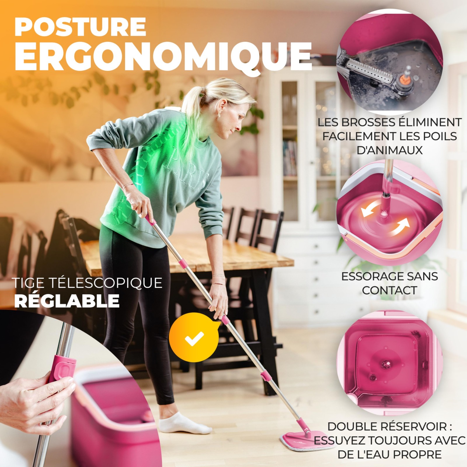 Serpillière et seau essoreur gris à 2 compartiments avec 2 tampons microfibres