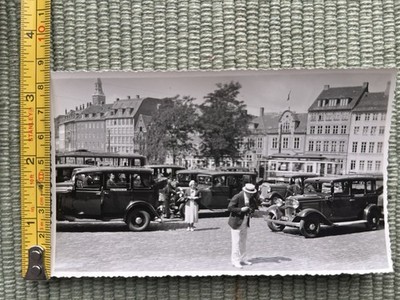 Vintage European Street Scene Photograph with Early Automobiles