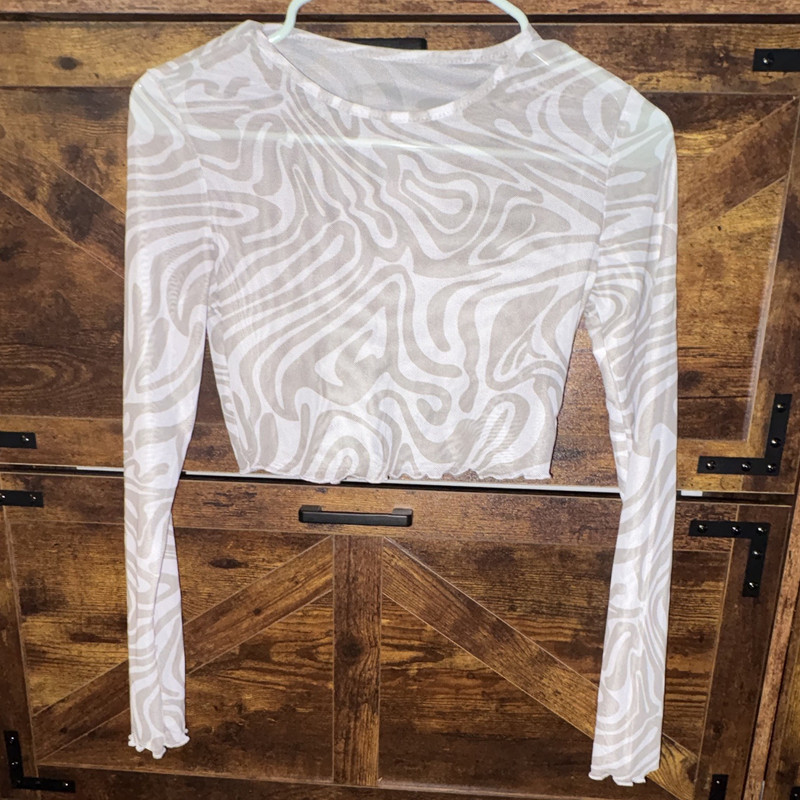 SHEIN Women’s XS Abstract Mesh Sheer Stretch Cropped Top Round Neck Long Sleeve