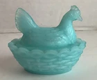 Vintage France Vallerysthal Mini Hen On Nest Blue Opalscent Milk Glass 2.5”