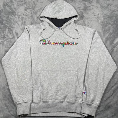Champion Hoodie Mens Medium Heather Gray Spellout Flag Graphic Kangaroo Pockets