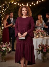 SHEIN Curve Women's Burgundy Round Neck Ruched Bell Sleeve Midi Dress 2XL