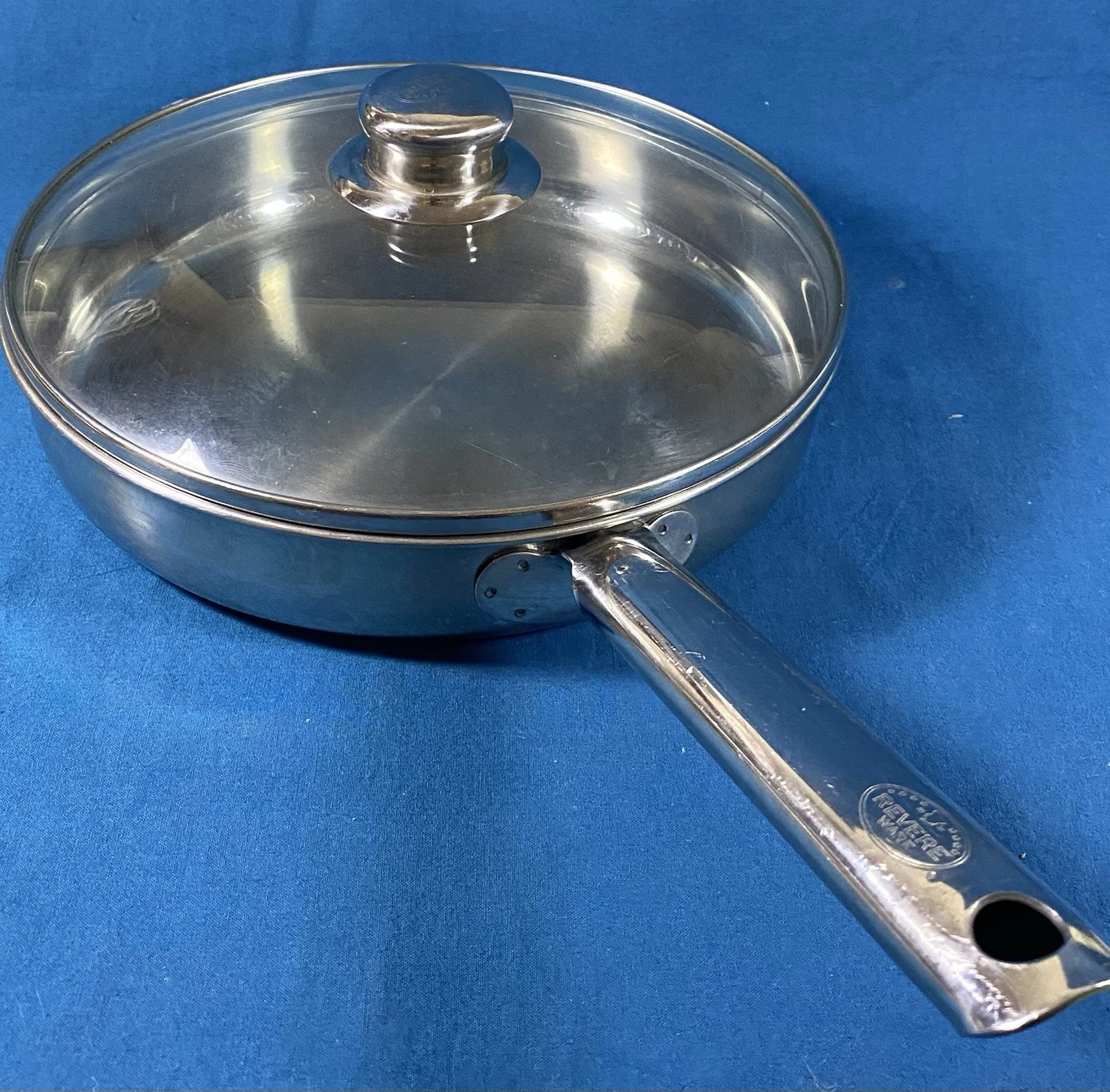 Revere Ware 10” Stainless Skillet / Fry Pan / Pot With Original Glass Lid Copper