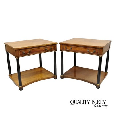 French Empire Cherry Wood Black Column 1 Drawer Lamp End Table by Heritage, Pair