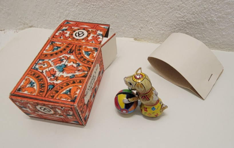 ZZ Germany Zimmerman Zirndorf Tin Toy Ornament Dog With Rolling Ball Works