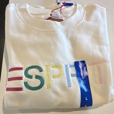 Esprit Women's White Logo Crew Neck Fleece Cotton Pullover Sweatshirt Size L