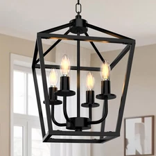 Farmhouse Lantern Chandelier 4-Light, Industrial Black Ceiling Light Fixture ...
