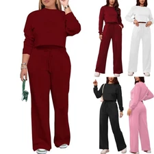 Womens 2Pcs Outfits Long Sleeve Sweatsuit Crop Top Wide Leg Pants Tracksuits Set