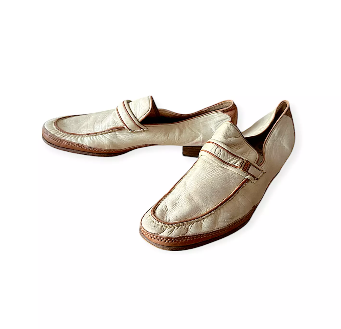 Chaussures à enfiler vintage homme Gucci cuir crème/marron, pointure 43 EU, années 70