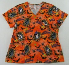 Womens Disney Halloween Mickey  Minnie Mouse V-Neck Scrub Size L