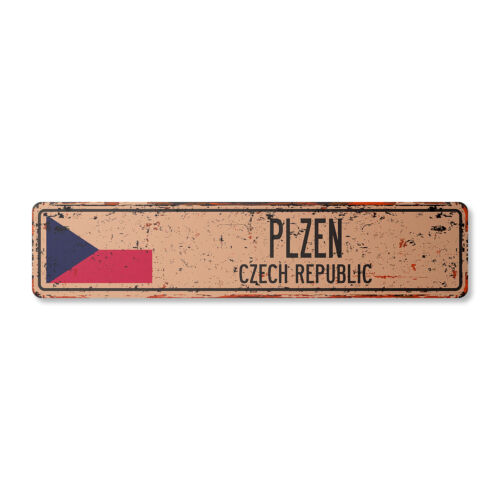PLZEN CZECH REPUBLIC Vintage Street Sign Czechoslovakian flag city country rust - Afbeelding 1 van 20