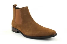 Genuine Suede Men's Cognac Brown Chelsea Boots Almond Toe Leather Lining AZAR
